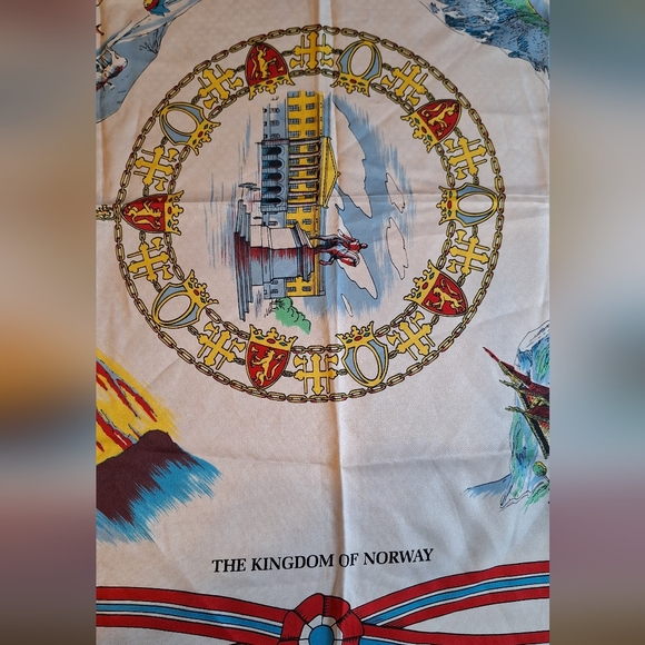 Norwegian Themed Souvenir Scarf By Hans Stub Collection with Red & Blue Accents - Picture 2 of 14